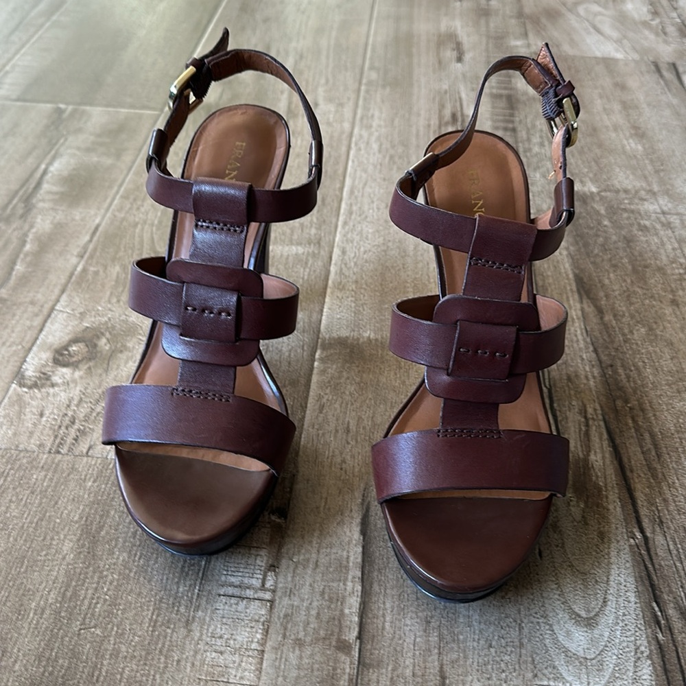 4.5” Stacked Wood Platform Leather Franco Sarto Betsy Chestnut Strappy Heels 9 - Picture 6 of 16